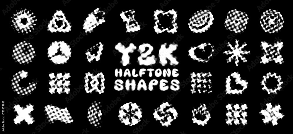 Y2K shapes, large collection of abstract elements in halftone pixel dotted style. Set of retro isolated vector symbols for 2000s aesthetic design Y2K shapes, large collection of abstract elements in halftone pixel dotted style. Set of retro isolated vector symbols for 2000s aesthetic design