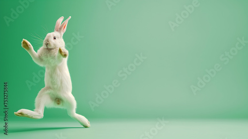 Coelho branco dançando no fundo verde 