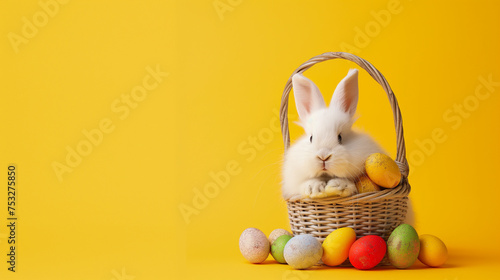 Coelho fofo ao lado de uma cesta com ovos de pascoa isolado no fundo amarelo photo