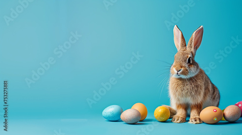 Coelho fofo e ovos de pascoa isolado no fundo azul photo