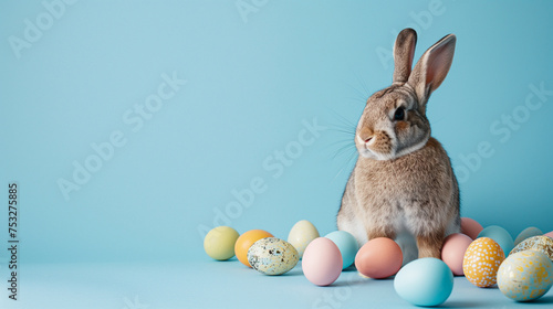 Coelho fofo e ovos de pascoa isolado no fundo azul photo