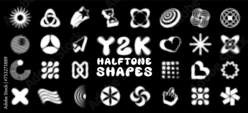 Y2K shapes  large collection of abstract elements in halftone pixel dotted style. Set of retro isolated vector symbols for 2000s aesthetic design