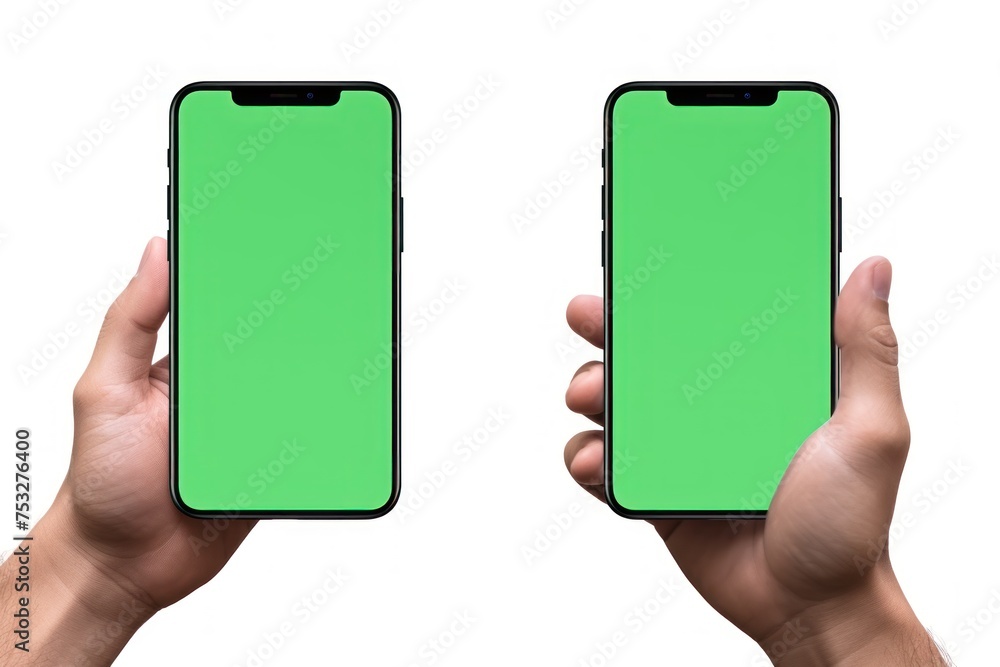 Mockup image of a hand holding smartphone with green screen on white ...