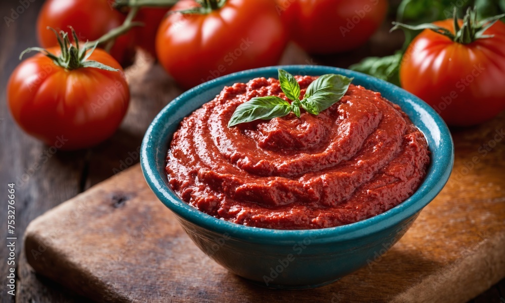 Tomato paste on wooden surface with concept background