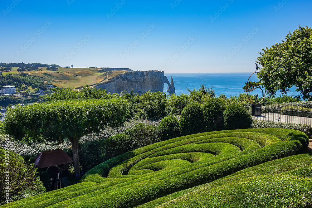 The Etretat Gardens (Les Jardins D'Etretat) picturesque garden with a view over the city and cliffs of the Alabaster Coast. Etretat, Normandy, France.
