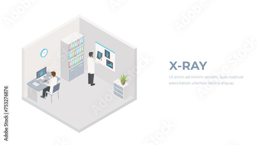 Isometric X-ray machine for scanning human body. Doctor checking examining chest x ray film of patient. Medical examination for surgery.