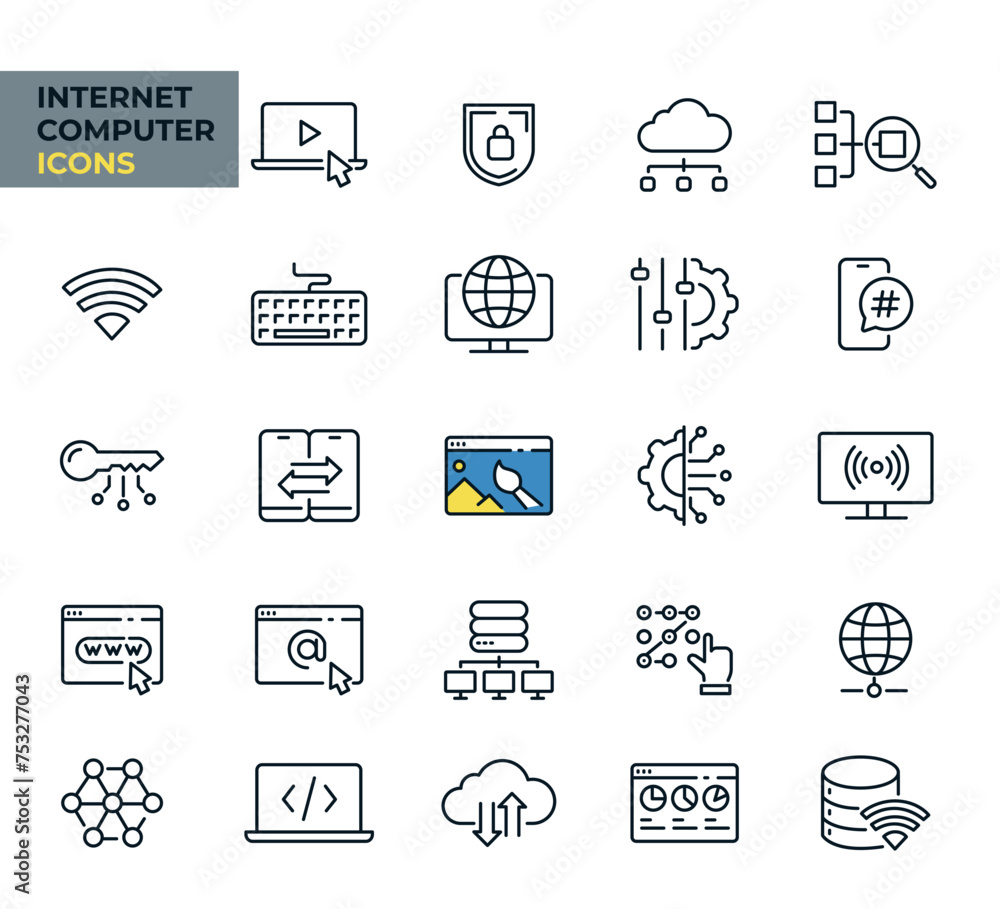 Internet computer web icons in line style. Technology, cloud, digital service, connection network, collection. Vector illustration Internet computer web icons in line style. Technology, cloud, digital service, connection network, collection. Vector illustration