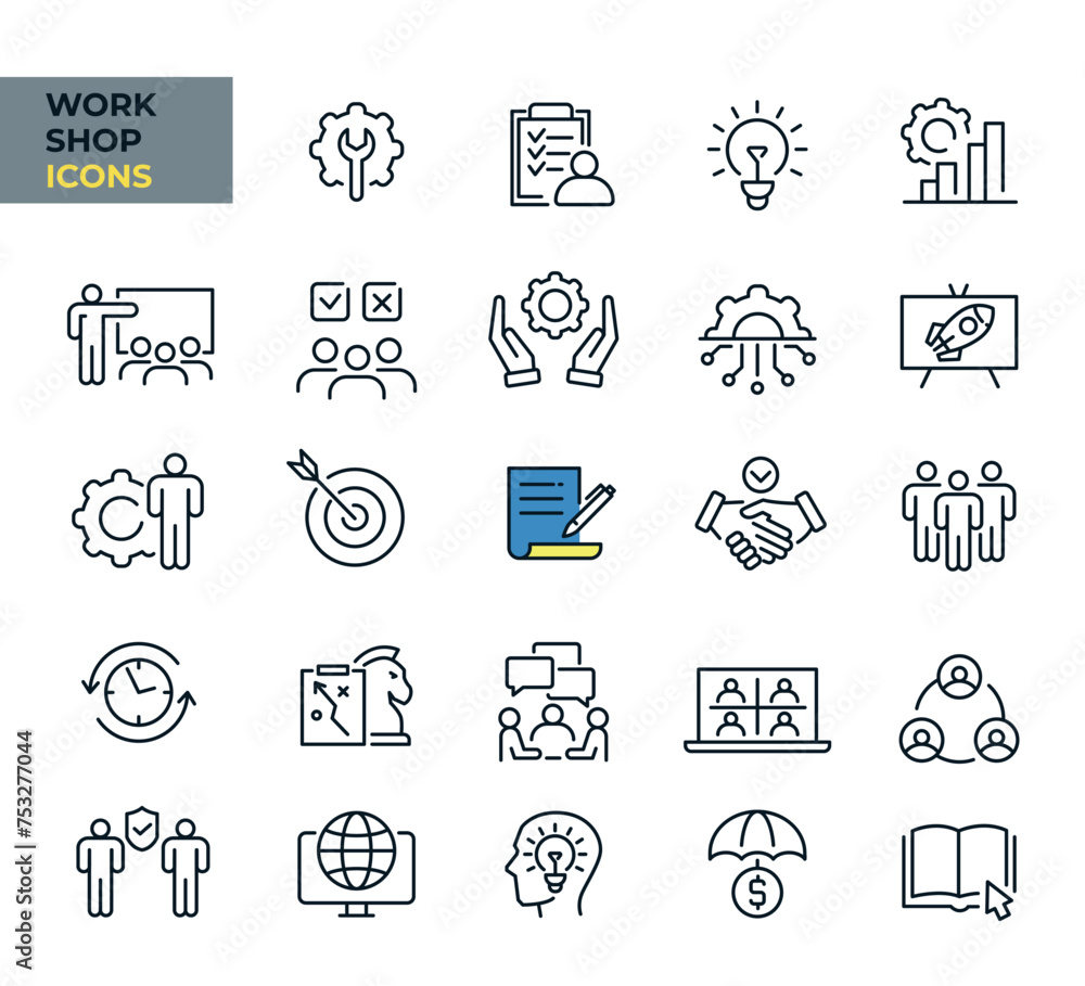 Workshop web icons in line style. Business,teamwork, partnership, training, coaching, collection. Vector illustration