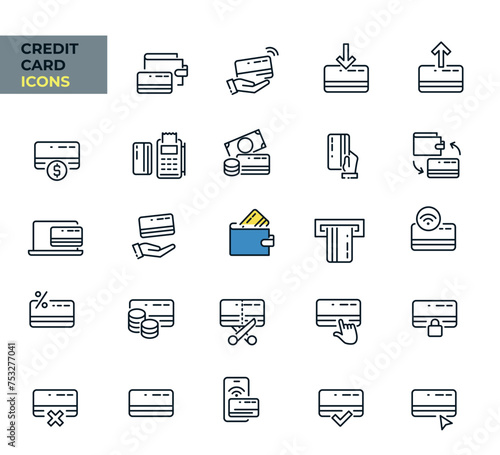 Credit Card web icons in line style. Money, cash, payment, pay pass, collection. Vector illustration