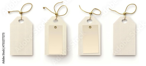 Empty vintage tags with string on white background, sale and discounts concept