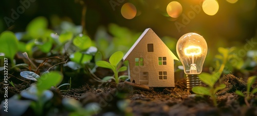Closeup wood model house and light bulb on sunlight grass background, construction and property investment, eco house concept. photo