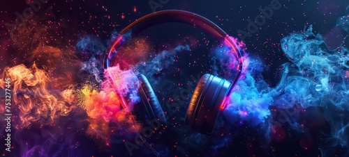 Headphones close-up in the red lighting of colored lights, professional headphones photo