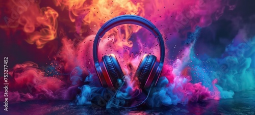 Stereo headphones exploding in festive colorful splash, dust and smoke with vibrant light effects on loud music sound photo