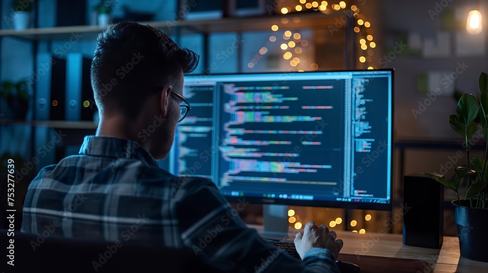 Man focused on programming and software development work. Concept of ...