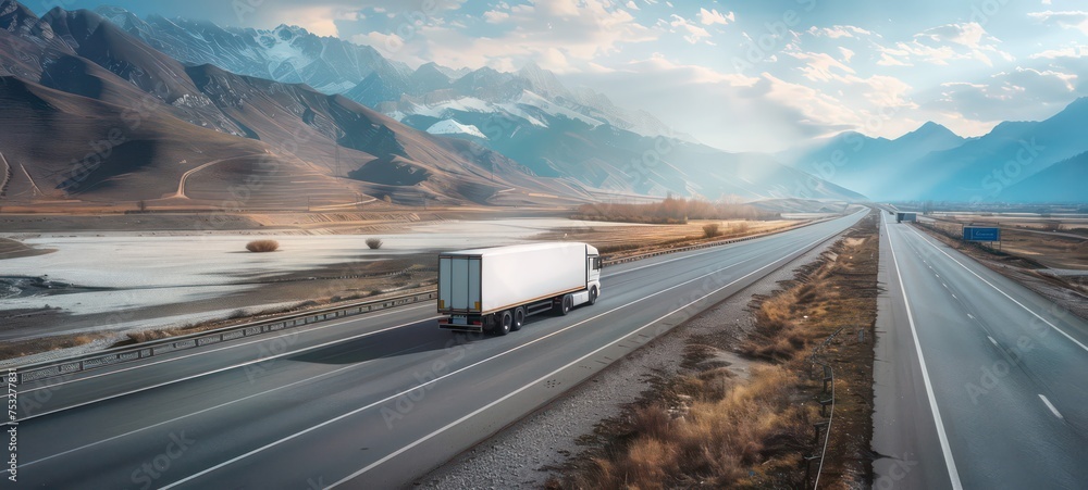 White cargo truck with a white blank empty trailer on highway road with beautiful nature mountains and sky