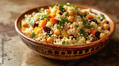 Fluffy Couscous, perfectly steamed and mixed with roasted vegetables, chickpeas, and raisins, garnished with fresh herbs, served in a decorative bowl.