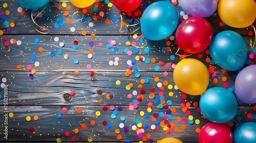 A lively frame of colorful balloons, streamers, and confetti, artfully arranged on rustic wood planks