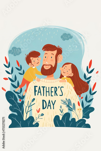 Illustration colorful banner for Father's day with dad with his children