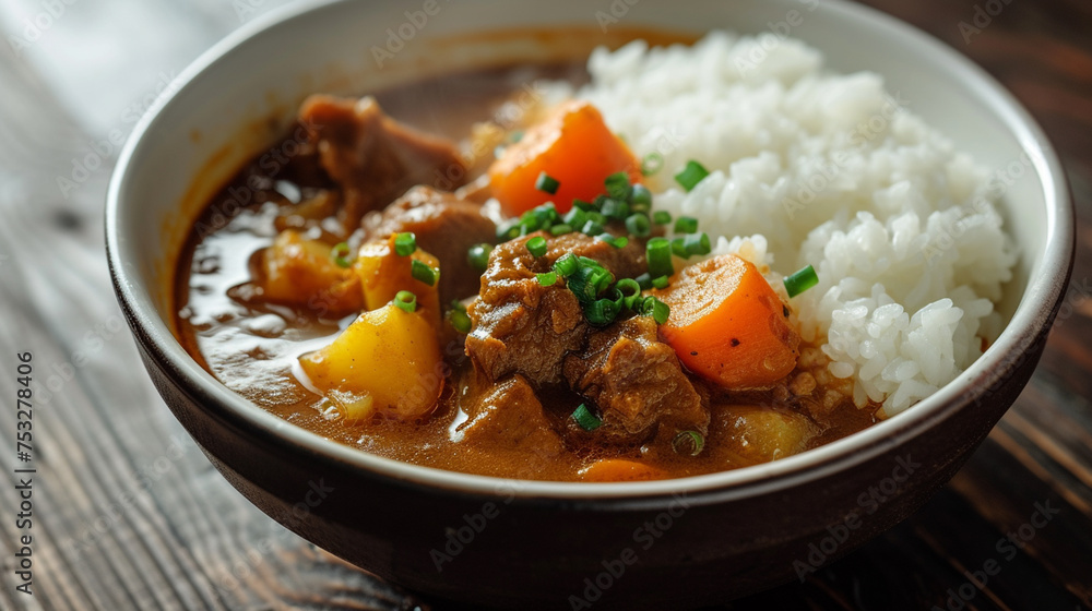 A bowl of rich, aromatic Curry, brimming with tender chunks of meat, potatoes, and carrots A bowl of rich, aromatic Curry, brimming with tender chunks of meat, potatoes, and carrots