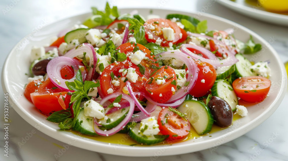 A Greek Salad, vibrant with fresh tomatoes, cucumbers, red onions, kalamata olives