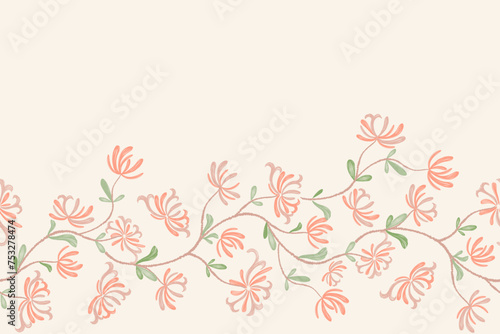 Pink flower pattern seamless background border frame. Vector illustration hand drawn peach pink honeysuckle floral with branches leaves.  photo