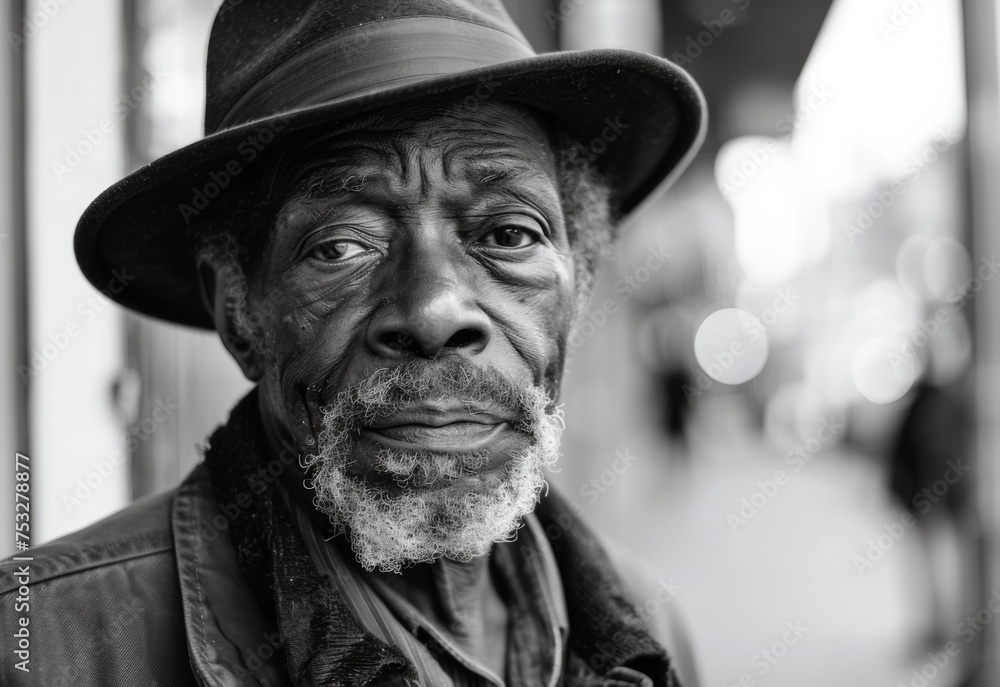 An evocative monochrome shot of an aged African American man in a hat, his face a canvas of life's profound tales, against an urban blur. An evocative monochrome shot of an aged African American man in a hat, his face a canvas of life's profound tales, against an urban blur.