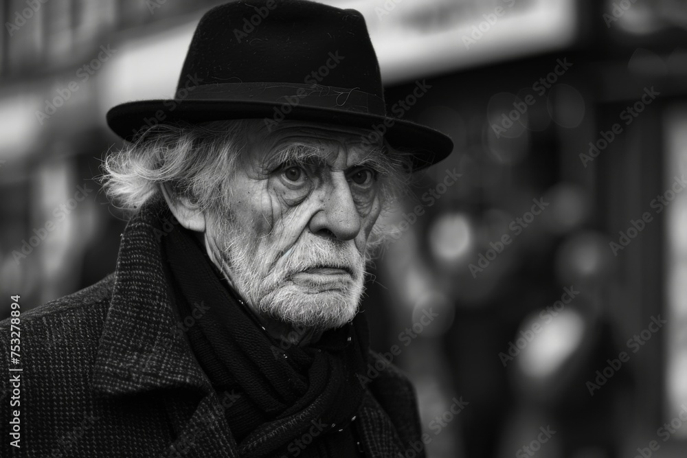 A powerful black and white image capturing an aged man in a hat, his face marked by the years, and eyes that hold a lifetime of stories.