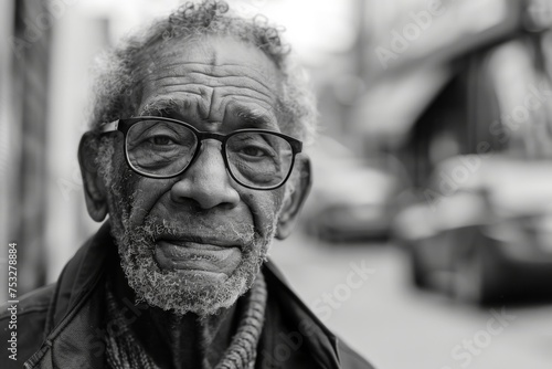 A close-up monochrome portrait of an elderly African American man with glasses, portraying a lifetime of stories etched into his expressive face.