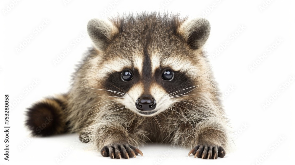 Fototapeta premium Adorable baby raccoon isolated on white background. Cute funny newborn animal portrait. Small furry pet for greeting card. banner template. Good for kids events or animal shelter poster design