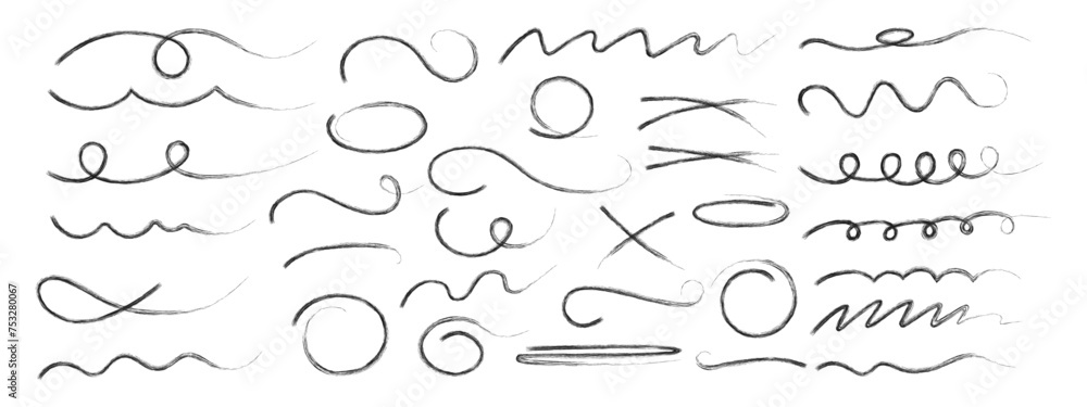 Hand drawn wavy strokes. Decorative vector graphic elements. Black brush strokes and pencil drawing. Typographic strokes and stroke tails Hand drawn wavy strokes. Decorative vector graphic elements. Black brush strokes and pencil drawing. Typographic strokes and stroke tails