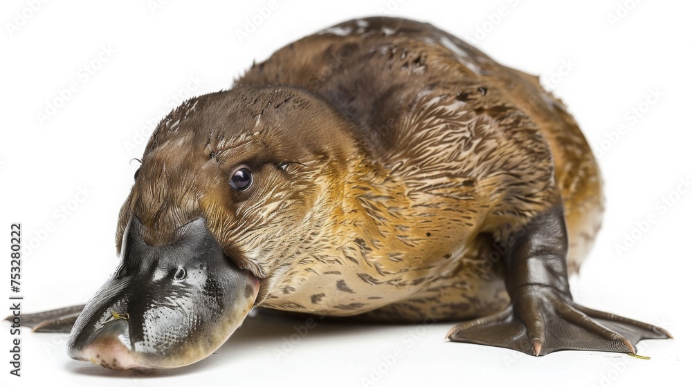 Obraz premium Adorable baby Duck-billed platypus isolated on white background. Cute funny newborn animal portrait. Small furry pet for greeting card. banner template. Good for kids events or animal poster design