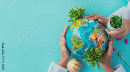 Two pairs of hands hold a globe or globe with green plants on an aqua color background. World Health Day. Medical Worker's Day. Innovation in healthcare. Health protection photo