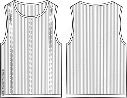 Women's Round Neck Rib Knit Vest Top- Technical fashion illustration. Front and back, white color. Women's CAD mock-up.