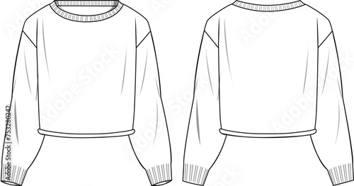 Women's Round Neck Sausage Hem Jumper. Technical fashion illustration. Front and back, white color. Unisex CAD mock-up.