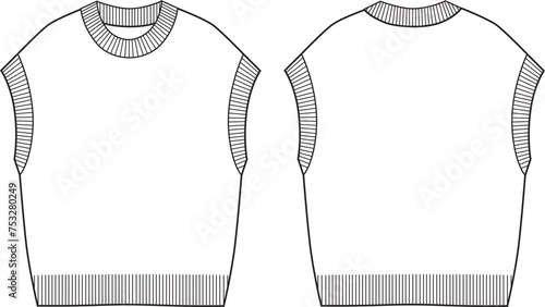 Unisex Round Neck Vest- Technical fashion illustration. Front and back, white color. Unisex CAD mock-up.