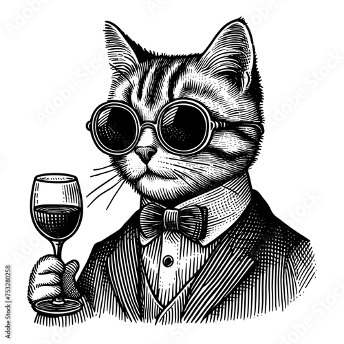 elegant cat with a wineglass sketch © Curly