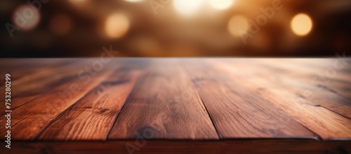 Close up shot of a wooden tabletop with a blurred background photo