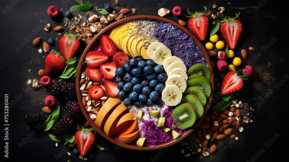 Vibrant smoothie bowl topped with a rainbow of fresh fruits