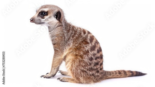 Adorable baby Meerkat isolated on white background. Cute funny newborn animal portrait. Small furry pet for greeting card. banner template. Good for kids events or animal shelter poster design