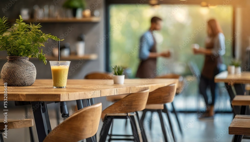 Relaxation lounge, cafe area in co-working building. Closeup to empty wooden table with chairs and blurred background with barista serving organic drinks Relaxation lounge, cafe area in co-working building. Closeup to empty wooden table with chairs and blurred background with barista serving organic drinks