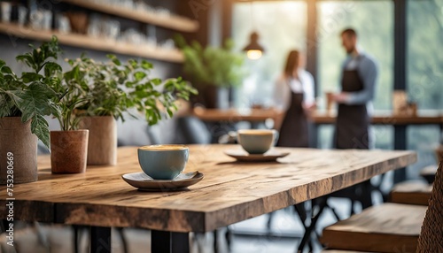 Relaxation lounge  cafe area in co-working building. Closeup to empty wooden table with chairs and blurred background with barista serving organic drinks