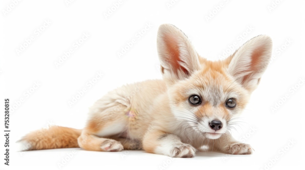 Adorable baby Fennec isolated on white background. Cute funny newborn animal portrait. Small furry pet for greeting card. banner template. Good for kids events or animal shelter poster design