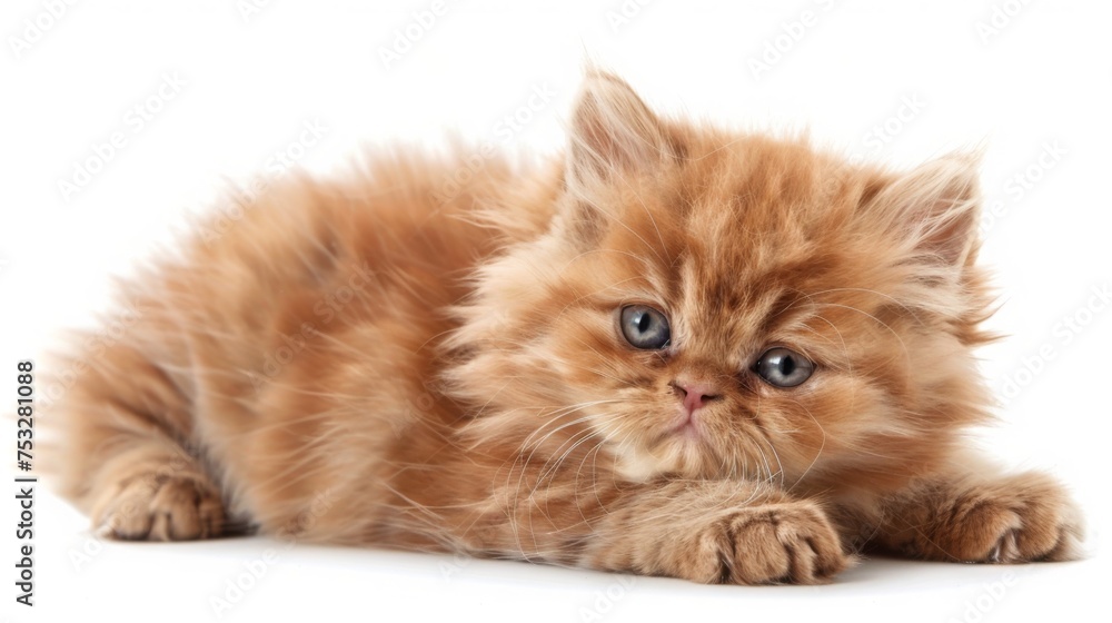 Adorable baby persian cat isolated on white background. Cute funny newborn animal portrait. Small furry pet for greeting card. banner template. Good for kids events or animal shelter poster design