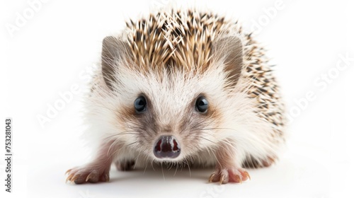 Adorable baby Hedgehog isolated on white background. Cute funny newborn animal portrait. Small furry pet for greeting card. banner template. Good for kids events or animal shelter poster design