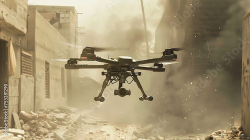Drone flying in city during war, modern military uav for surveillance using near buildings on smoke background. Concept of army, intelligence, warfare, technology photo