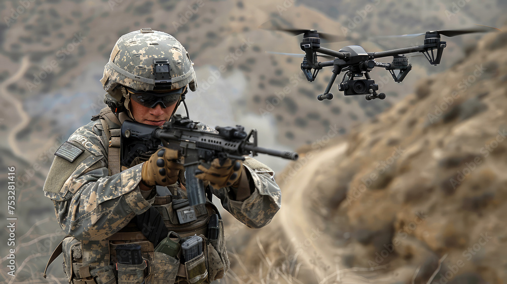 Soldier and drone during war or training on mountain background, military walk with weapon using modern uav for surveillance. Concept of army, intelligence, warfare, technology