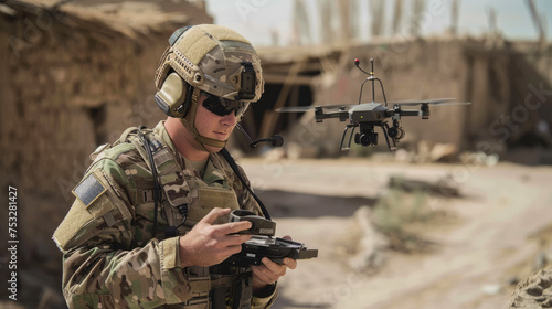 Soldier controls drone during war or training on rural houses background, military using modern uav for surveillance. Concept of army, intelligence, warfare, summer