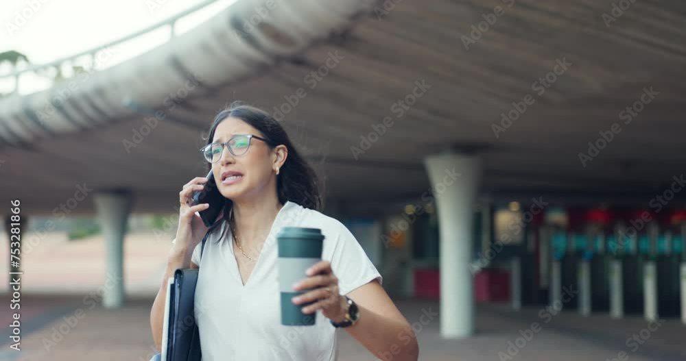 Phone call, city and businesswoman running late for work in street or urban area with coffee or watch. Stress, time delay notification or scared employee in panic or rush for appointment or schedule
