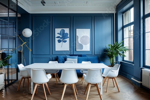 Blue office meeting room interior with poster