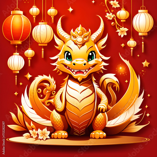 The New Year's card features a charming and utterly adorable chibi Chinese dragon as its main attraction. The animated cartoon version of the dragon is bursting with cuteness, capturing everyone's hea photo